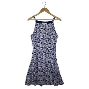 New Loft Dress Womens M Ditsy Floral Fit Flare Stretch Tie Waist Straps Blue